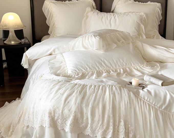 Pink/offwhite French Romantic Longstaple Cotton Bedding,ruffled