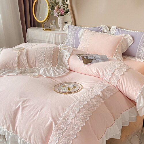 Pink Flower Duvet Cover With Lace Trim 100 Cotton Bedding Etsy