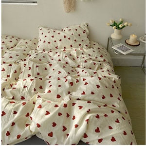 Red Sweetheart off-White Background Cotton Bedding,Girly Heart Cotton Bedding,Student Dorm Duvet Cover,Cute Duvet Cover,Gift