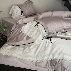 Rustic Lace Bedding Set, Luxury Duvet Cover Set, Long Staple Cotton Sateen Bedding Set, Flat Sheet, Duvet Cover, 2*Pilowcases