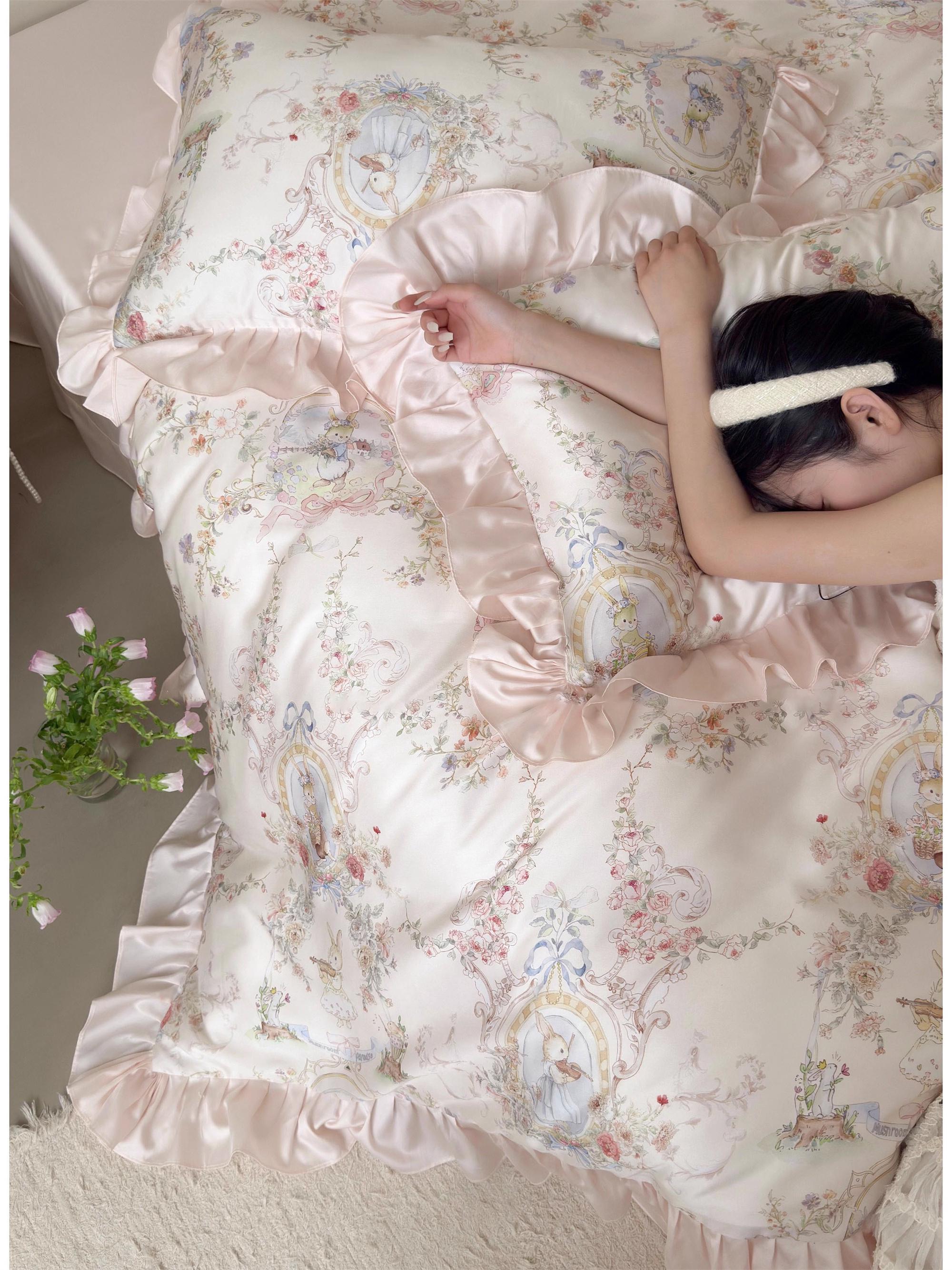 花柄シルクソフト寝具セット、素朴なガーデンバニーリヨセルフリル