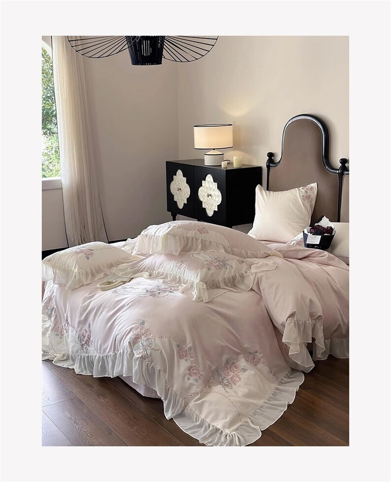 Pink Floral Embroidered Ruffled Lace Duvet Cover,princess Style Cotton