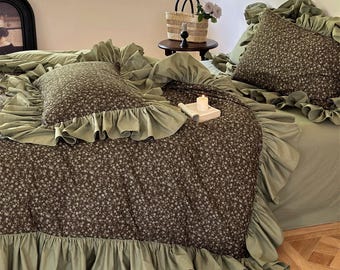 Shabby Chic Ruffle Bedding Set, Rustic Cotton Duvet Cover Set 4pcs, Bedding Aesthetics