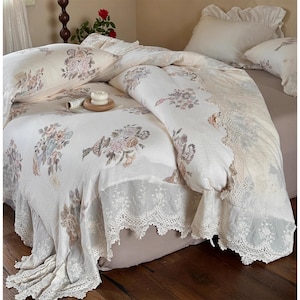 Lace Ruffle Floral Bedding Set, Rustic Double Gauze Cotton Duvet Cover Set, Shabby Chic Duvet Cover Set 4pcs, Bedding Aesthetics