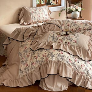 Shabby Chic Ruffle Bedding Set, Brushed Cotton Duvet Cover Set 4pcs, Bedding Aesthetics