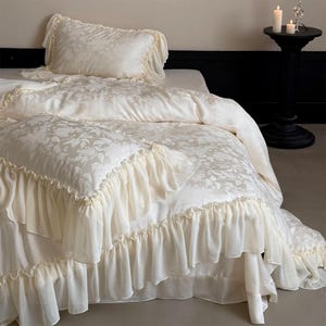 Romance Siky-Soft Bedding Set, Lyocell Jacquard Ruffle Duvet Cover Set, Cream Beige Bedding Set, 4pcs Bedding Set, Bedding Aesthetics