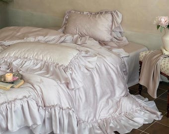 Romance Siky-Soft Bedding Set, Lyocell Jacquard Ruffle Duvet Cover Set, Pink Bedding Set, 4pcs Bedding Set, Bedding Aesthetics