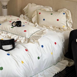 Colorful Polka Cream Bedding Set, Luxury Floral Duvet Cover Set, Long Staple Cotton Bedding Set, Flat Sheet, Duvet Cover, 2*Pilowcases