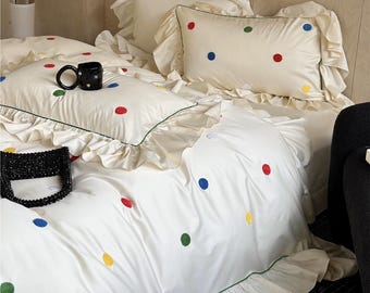 Colorful Polka Cream Bedding Set, Luxury Floral Duvet Cover Set, Long Staple Cotton Bedding Set, Flat Sheet, Duvet Cover, 2*Pilowcases