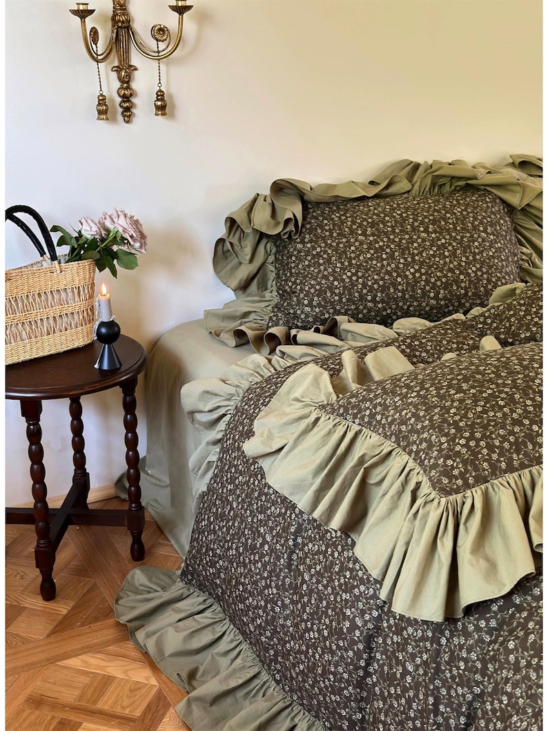 Shabby Chic Ruffle Bedding Set, Rustic Cotton Duvet Cover Set 4pcs ...