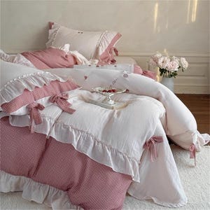 Rustic Ruffle Duvet Cover Set, Embroidered Cherry Shabby Chic Bedding Set, Pale Pink Double Gauze Cotton Bedding set, Bedding Aesthetics