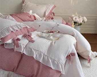 Rustic Ruffle Duvet Cover Set, Embroidered Cherry Shabby Chic Bedding Set, Pale Pink Double Gauze Cotton Bedding set, Bedding Aesthetics