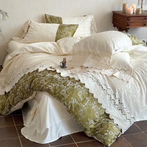 Shabby Chic bestickte Bettwäsche, luxuriöser grüner Bettbezug, langstapelige Baumwollbettwäsche, flaches Blatt, Bettbezug, 2 * Kissenbezüge