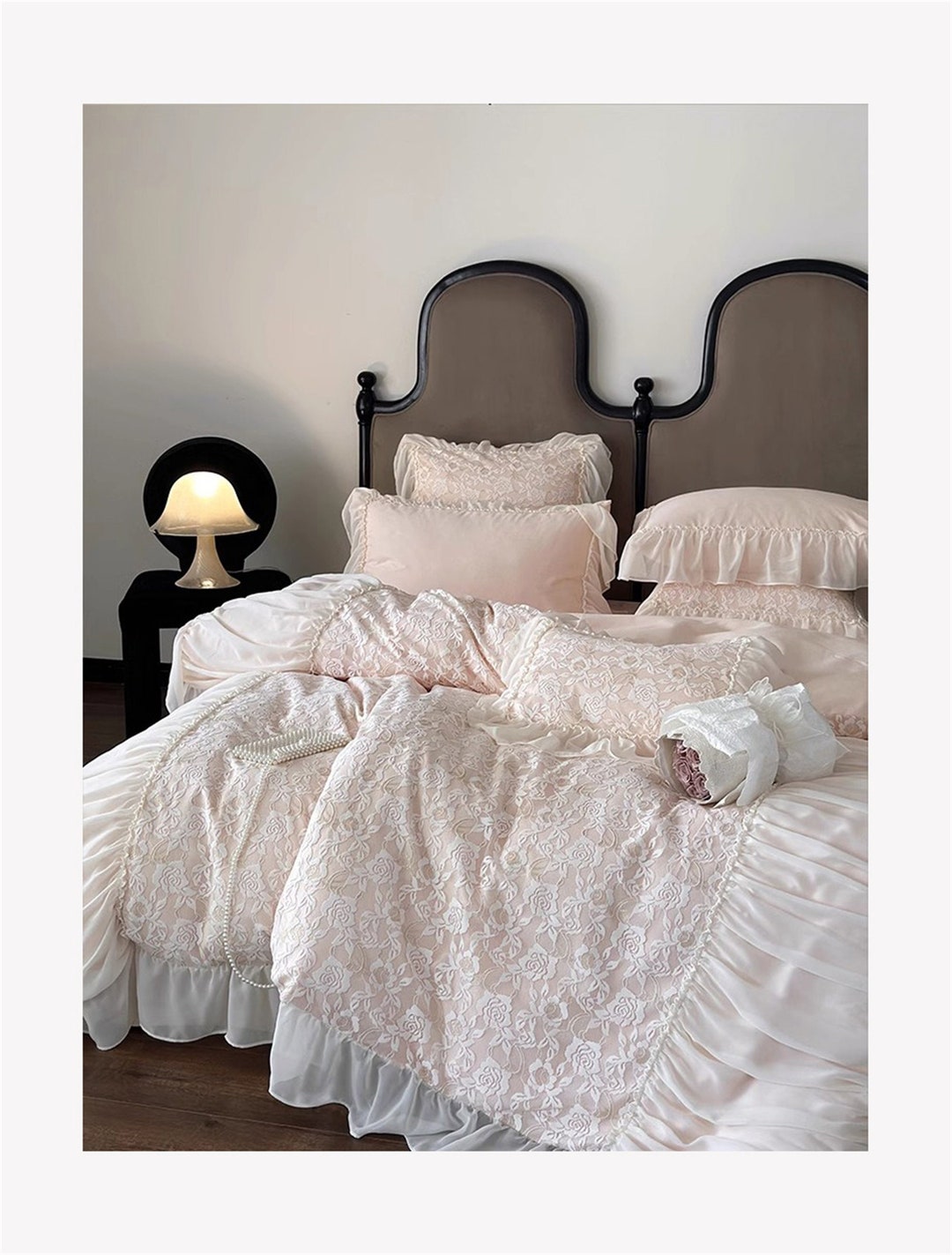 Pink/offwhite French Lace Floral Embroidery 140 Counts Cotton Bedding Set,princess Style