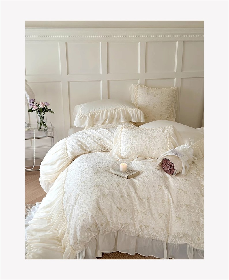 Pink/offwhite French Lace Floral Embroidery 140 Counts Cotton Bedding