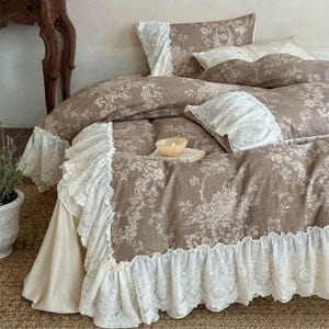 Retro Ruffle Duvet Cover Set, Rustic Shabby Chic Bedding Set, Breathable Soft Double Gauze Cotton 4-piece set, Bedding Aesthetics