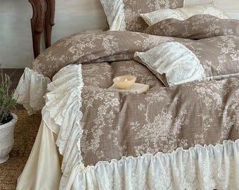 Retro Ruffle Duvet Cover Set, Rustic Shabby Chic Bedding Set, Breathable Soft Double Gauze Cotton 4-piece set, Bedding Aesthetics