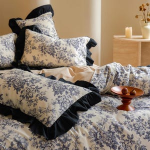 Ruffle Floral Bedding Set, Brushed Cotton Duvet Cover Set 4pcs, Rustic Shabby Chic Duvet Cover Set, Bedding Aesthetics