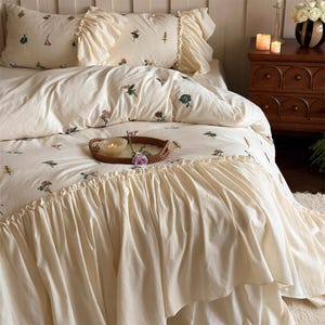 Botanical Embroidery Bedding Set, Cream Beige Cotton Duvet Cover Set 4pcs, Floral Duvet Cover Set, Bedding Aesthetics