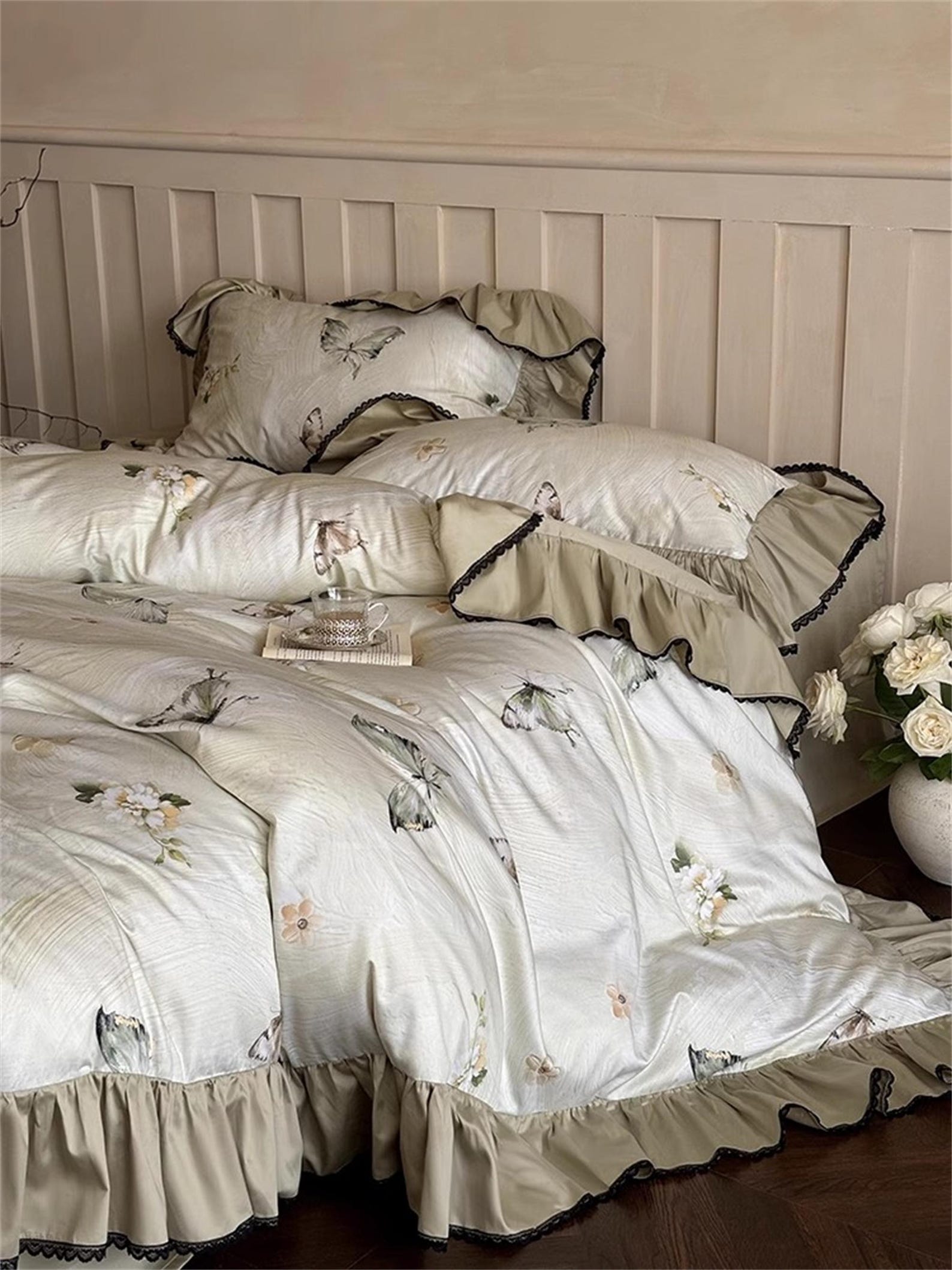 Butterfly Shabby Chic Ruffle Bedding Set, Green Cotton Sateen Duvet ...
