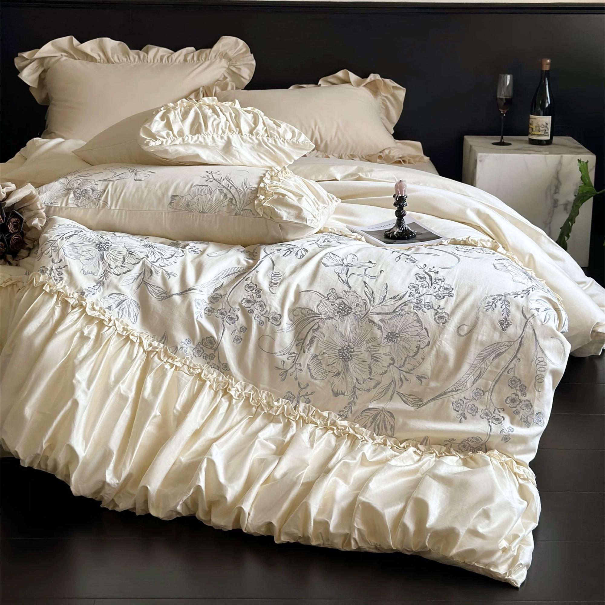 Rustic Embroidered Cream Bedding Set, Luxury Floral Duvet Cover Set, Long Staple Cotton Bedding Set, Flat Sheet, Duvet Cover, 2*Pilowcases
