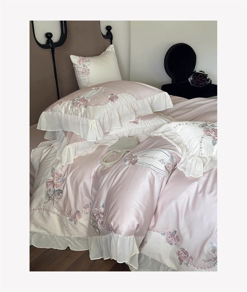 Pink Floral Embroidered Ruffled Lace Duvet Cover,princess Style Cotton