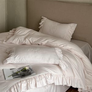 Pale Pink Ruffle Bedding Set, Embroidered Luxury Princess Bedding Set, Rustic Shabby Chic Cotton Duvet Cover Set 4pcs, Bedding Aesthetics