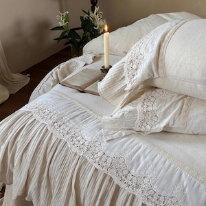Ruffle Bedding Set, Cotton Linen Duvet Cover Set, Shabby Chic Duvet Cover Set 4pcs, Bedding Aesthetics