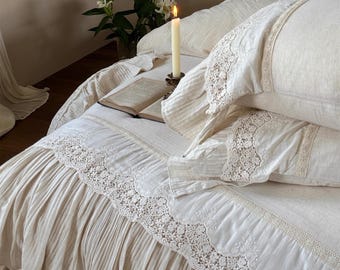 Ruffle Bedding Set, Cotton Linen Duvet Cover Set, Shabby Chic Duvet Cover Set 4pcs, Bedding Aesthetics