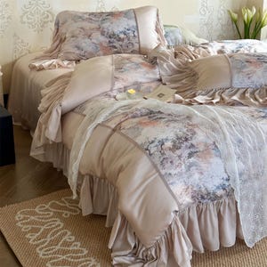 Romance Siky-Soft Bedding Set, Lyocell Ruffle Duvet Cover Set, Rustic Shabby Chic Floral Bedding Set, 4pcs Bedding Set, Bedding Aesthetics