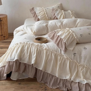 Ruffle Duvet Cover Set, Rustic Shabby Chic Embroidery Bedding Set, Beige Breathable Soft Double Gauze Cotton 4-piece Set, Bedding Aesthetics
