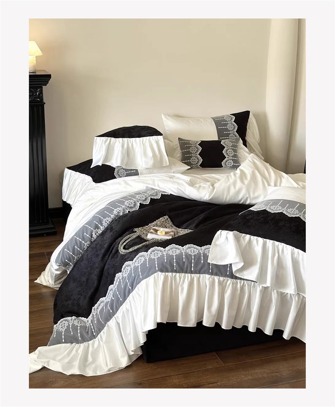 Black Jacquard Cotton Bedding Set,gothic Vintage Lace Duvet Cover