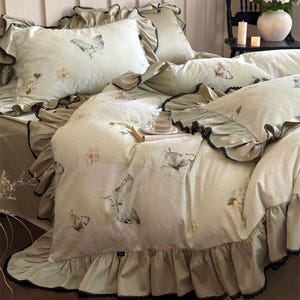Butterfly Shabby Chic Ruffle Bedding Set, Green Cotton Sateen Duvet Cover Set 4pcs, Bedding Aesthetics