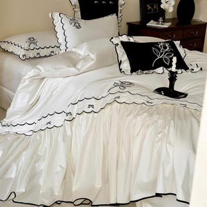 Elegant Embroidery Bedding Set, Cream Beige Long Staple Cotton Sateen Duvet Cover Set 4pcs, Bedding Aesthetics