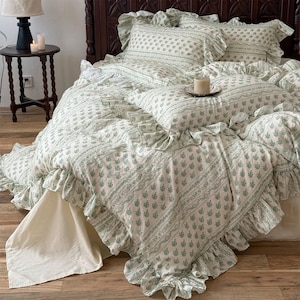 Ruffle Duvet Cover Set, Rustic Shabby Chic Bedding Set, Breathable Soft Double Gauze Cotton 4-piece set, Bedding Aesthetics