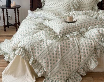 Ruffle Duvet Cover Set, Rustic Shabby Chic Bedding Set, Breathable Soft Double Gauze Cotton 4-piece set, Bedding Aesthetics