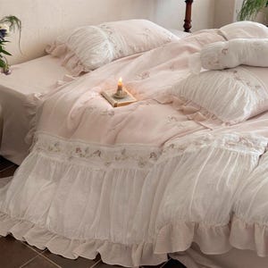 Ruffle Pale Pink Duvet Cover Set, Rustic Shabby Chic Embroidery Bedding Set, Breathable Soft Double Gauze Cotton Set, Bedding Aesthetics
