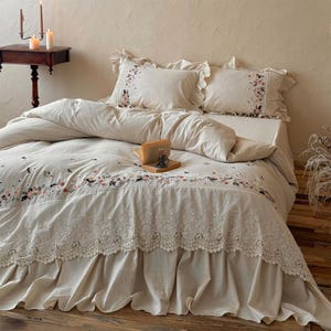 Rustic Ruffle Bedding Set, Cotton Linen Duvet Cover Set, Shabby Chic Embroidery Duvet Cover Set 4pcs, Bedding Aesthetics