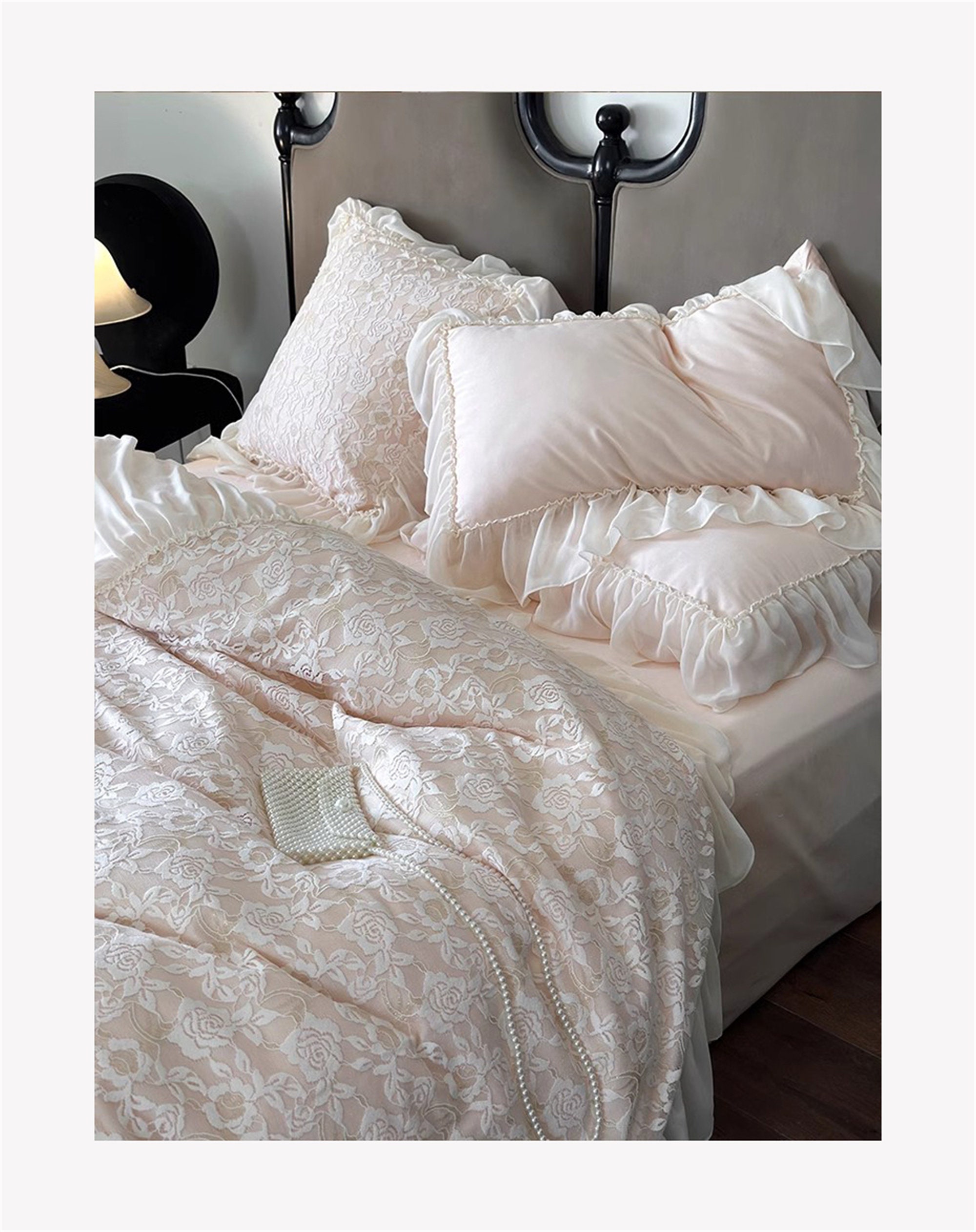 Pink/offwhite French Lace Floral Embroidery 140 Counts Cotton Bedding