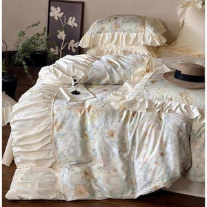 Rustic Cream Bedding Set, Shabby Chic Luxury Floral Duvet Cover Set, Long Staple Cotton Bedding Set, Flat Sheet, Duvet Cover, 4pcs