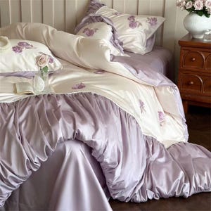 Embroidery Floral Ruffle Bedding Set, Rustic Shabby Chic Tencel Cotton Duvet Cover Set 4pcs, Bedding Aesthetics