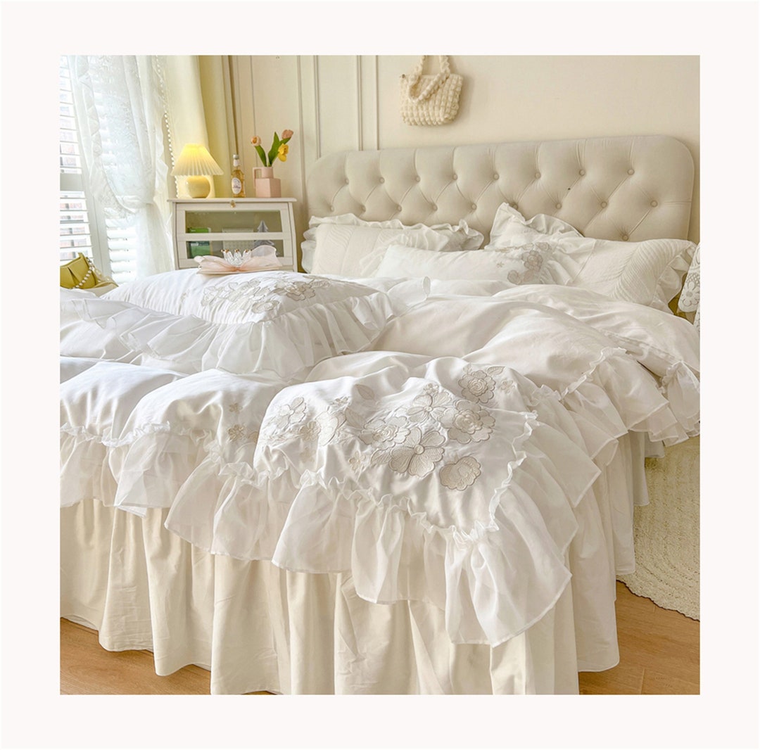 White Floral Embroidered Cotton Bedding,chiffon Yarn Ruffled Lace Duvet