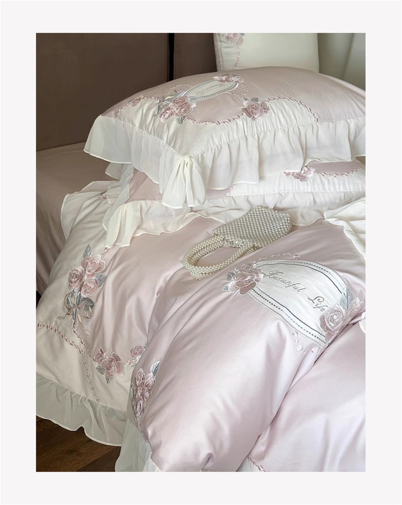 Pink Floral Embroidered Ruffled Lace Duvet Cover,princess Style Cotton