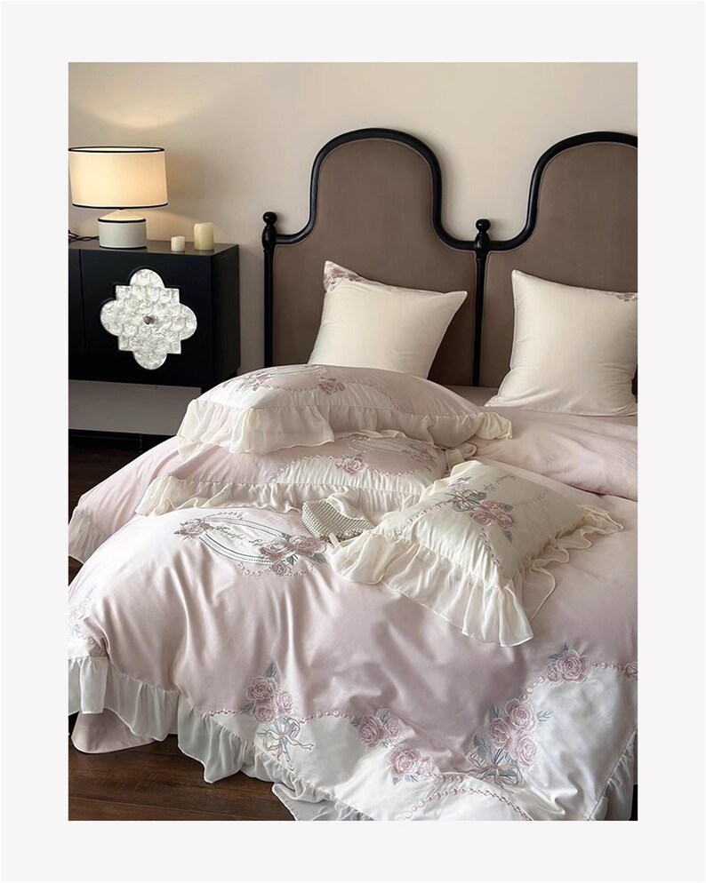 Pink Floral Embroidered Ruffled Lace Duvet Cover,princess Style Cotton