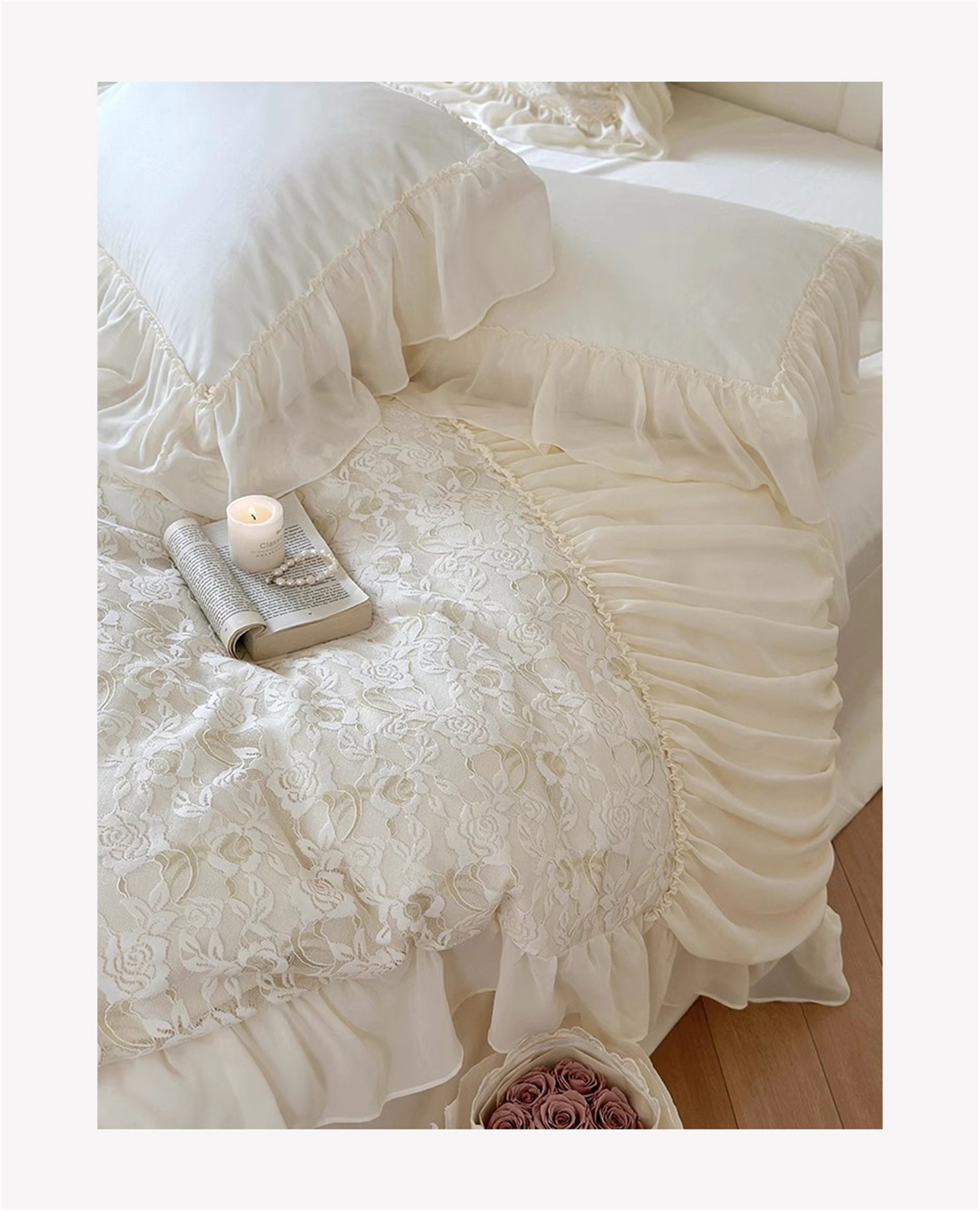 Pink/offwhite French Lace Floral Embroidery 140 Counts Cotton Bedding