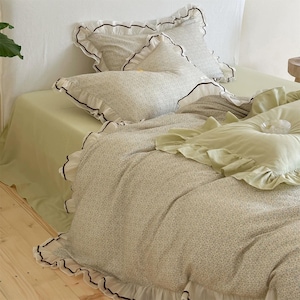 Ruffle Duvet Cover Set, Rustic Shabby Chic Bedding Set, Breathable Soft Double Gauze Cotton 4-piece set, Bedding Aesthetics