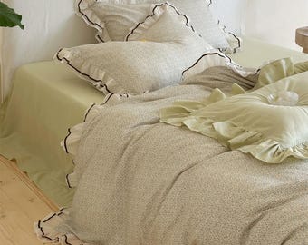 Ruffle Duvet Cover Set, Rustic Shabby Chic Bedding Set, Breathable Soft Double Gauze Cotton 4-piece set, Bedding Aesthetics