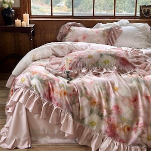 Shabby Chic Ruffle Bedding Set, Floral Soft Tancel Cotton Duvet Cover Set 4pcs, Bedding Aesthetics