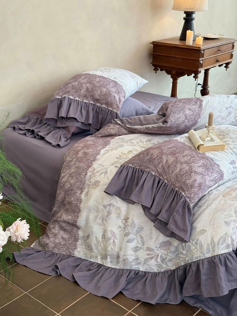 Rustic Ruffle Duvet Cover Set, Purple Shabby Chic Bedding Set ...