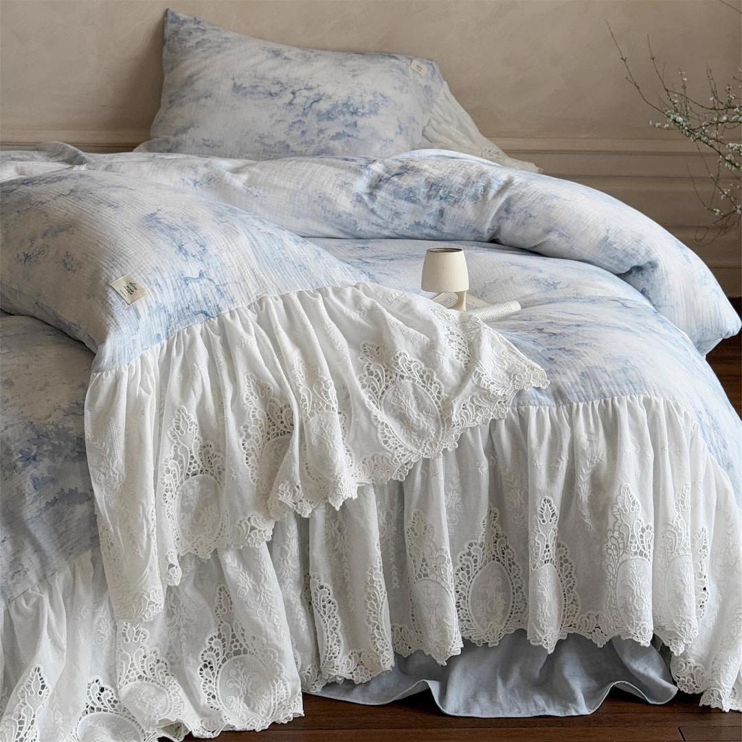 Lace Bed Ruffle Retro Lace Ruffle Duvet Cover Set, Blue Rustic Shabby Chic Bedding Set ...